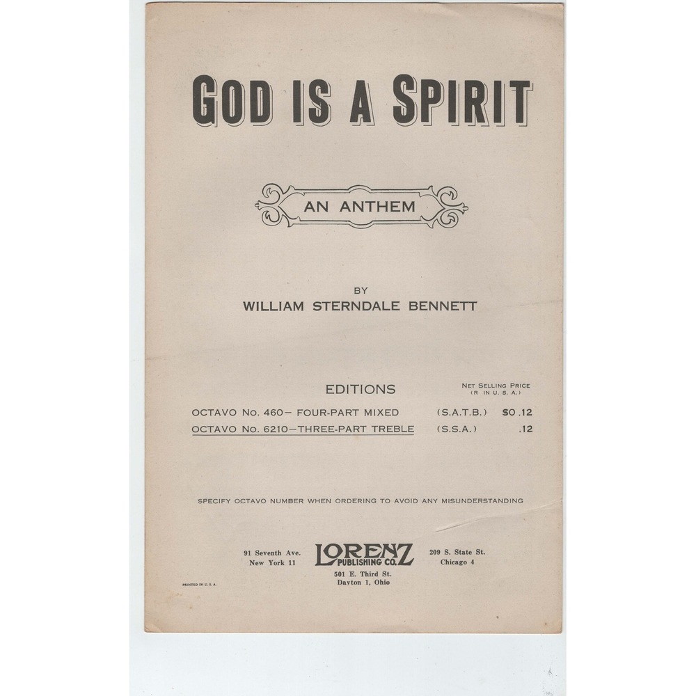 Vintage God Is A Spirit Anthem Sheet Music William Sterndale Bennett SSA 1935 - Picture 1 of 2